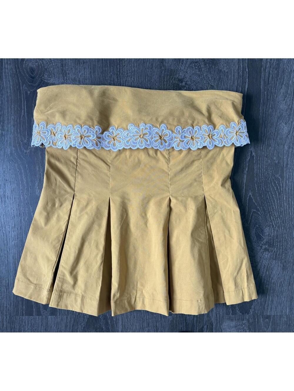 Maeve Mustard Yellow Strapless Pleaded Top W/ White Floral Trim Small NEW